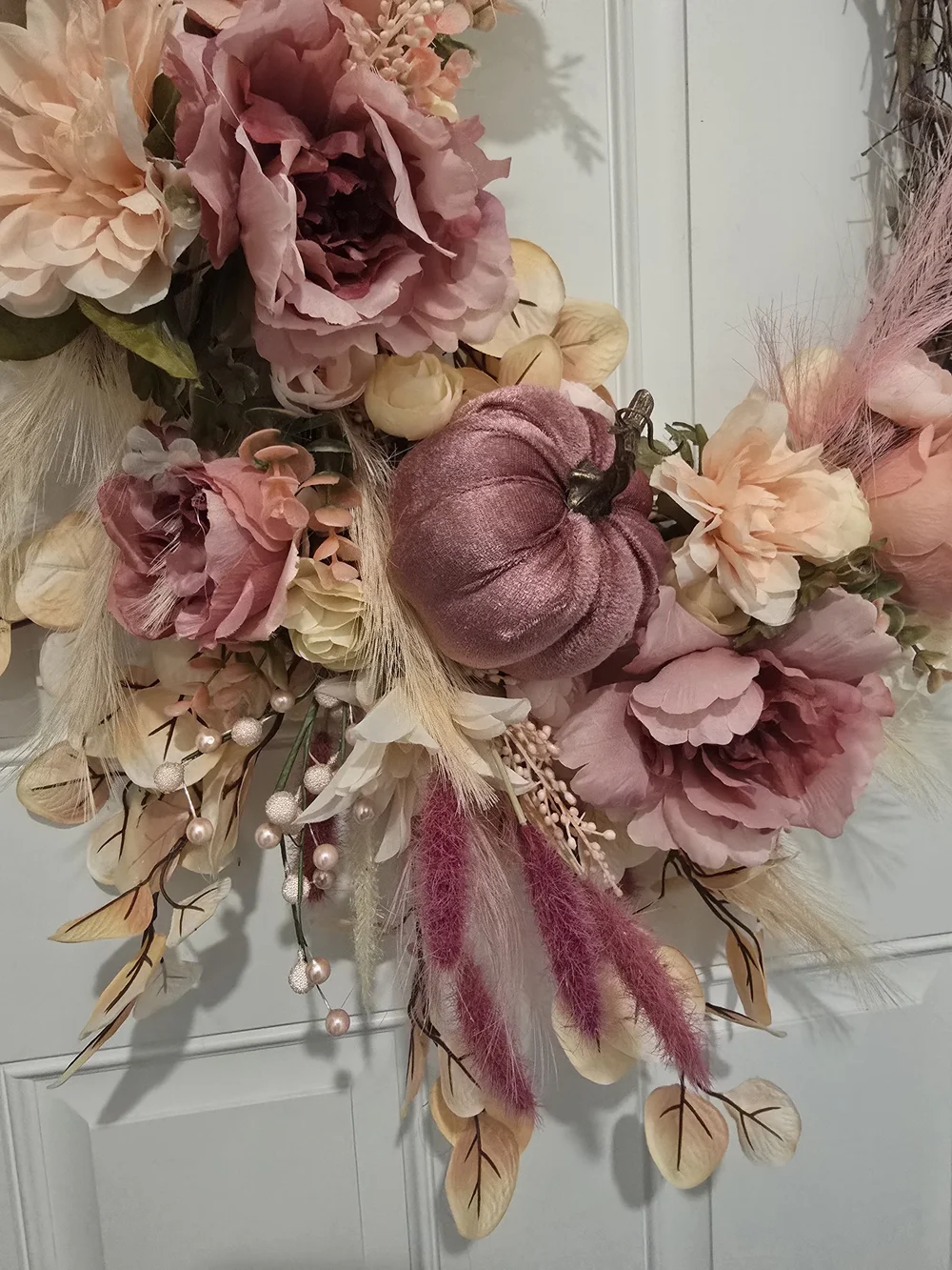 W020 - Decorative Pink and Blush Floral Grapevine Wreath - Fall Pumpkin